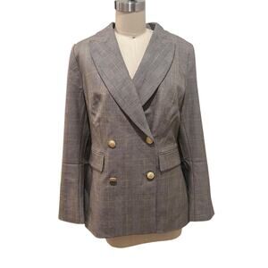 NWT White House Black Market Blazer Womens 8 Taupe Plaid Double Breasted Buttons